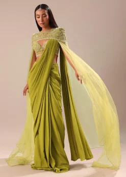Green Pre Stitched Saree With Blouse And Zardozi Draped Cape