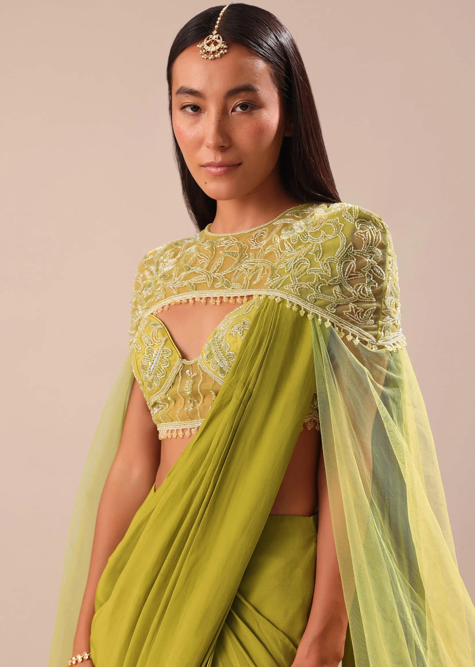Green Pre Stitched Saree With Blouse And Zardozi Draped Cape