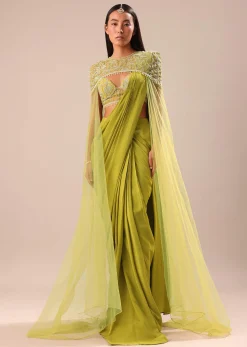 Green Pre Stitched Saree With Blouse And Zardozi Draped Cape