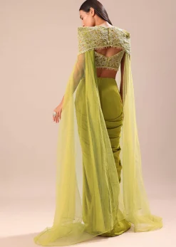 Green Pre Stitched Saree With Blouse And Zardozi Draped Cape