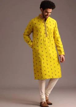 Green Print Silk Kurta And Pyjama