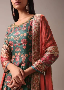 Green Printed Anarkali Suit Set In Tussar Silk