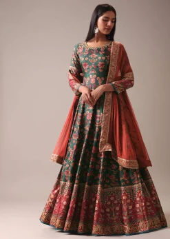 Green Printed Anarkali Suit Set In Tussar Silk