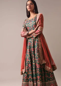 Green Printed Anarkali Suit Set In Tussar Silk