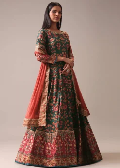 Green Printed Anarkali Suit Set In Tussar Silk