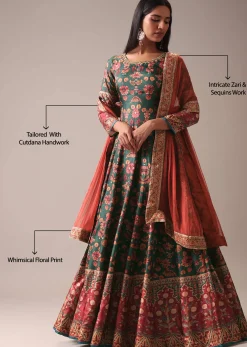 Green Printed Anarkali Suit Set In Tussar Silk