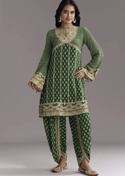 Green Printed Crepe Dhoti Set With Keyhole Neck
