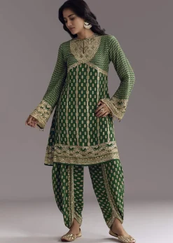 Green Printed Crepe Dhoti Set With Keyhole Neck