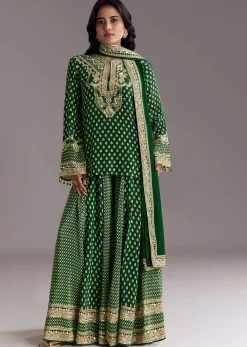 Green Printed Crepe Palazzo Set With Dupatta