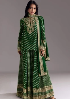 Green Printed Crepe Palazzo Set With Dupatta
