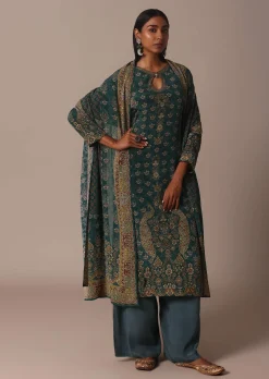 Green Printed Crepe With Stone Work Kurta Palazzo Set