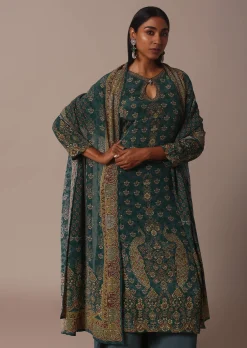 Green Printed Crepe With Stone Work Kurta Palazzo Set