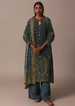 Green Printed Crepe With Stone Work Kurta Palazzo Set