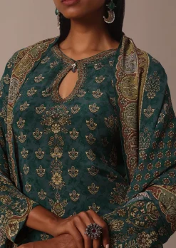 Green Printed Crepe With Stone Work Kurta Palazzo Set