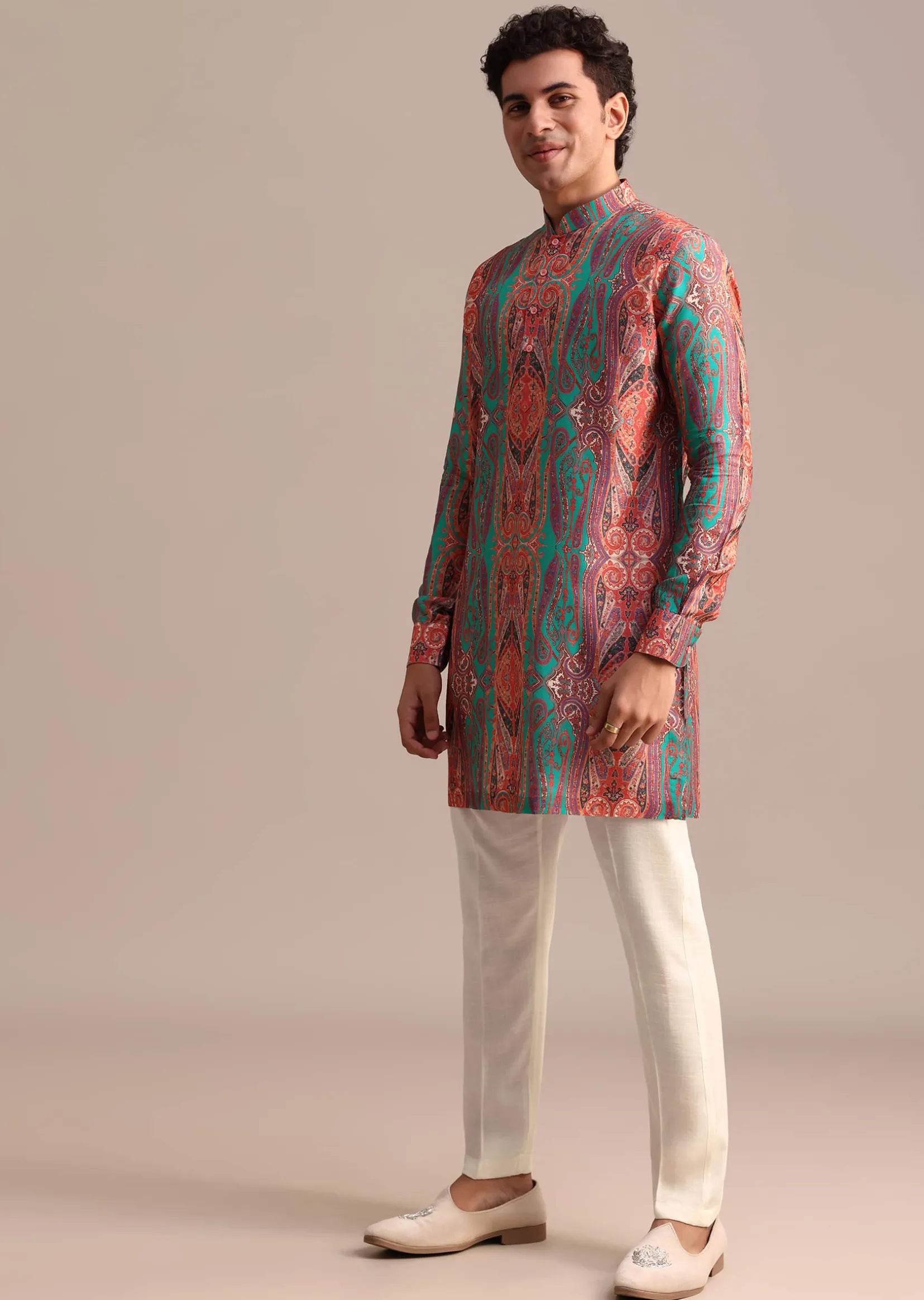 Green Printed Kurta For Men