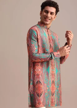 Green Printed Kurta For Men