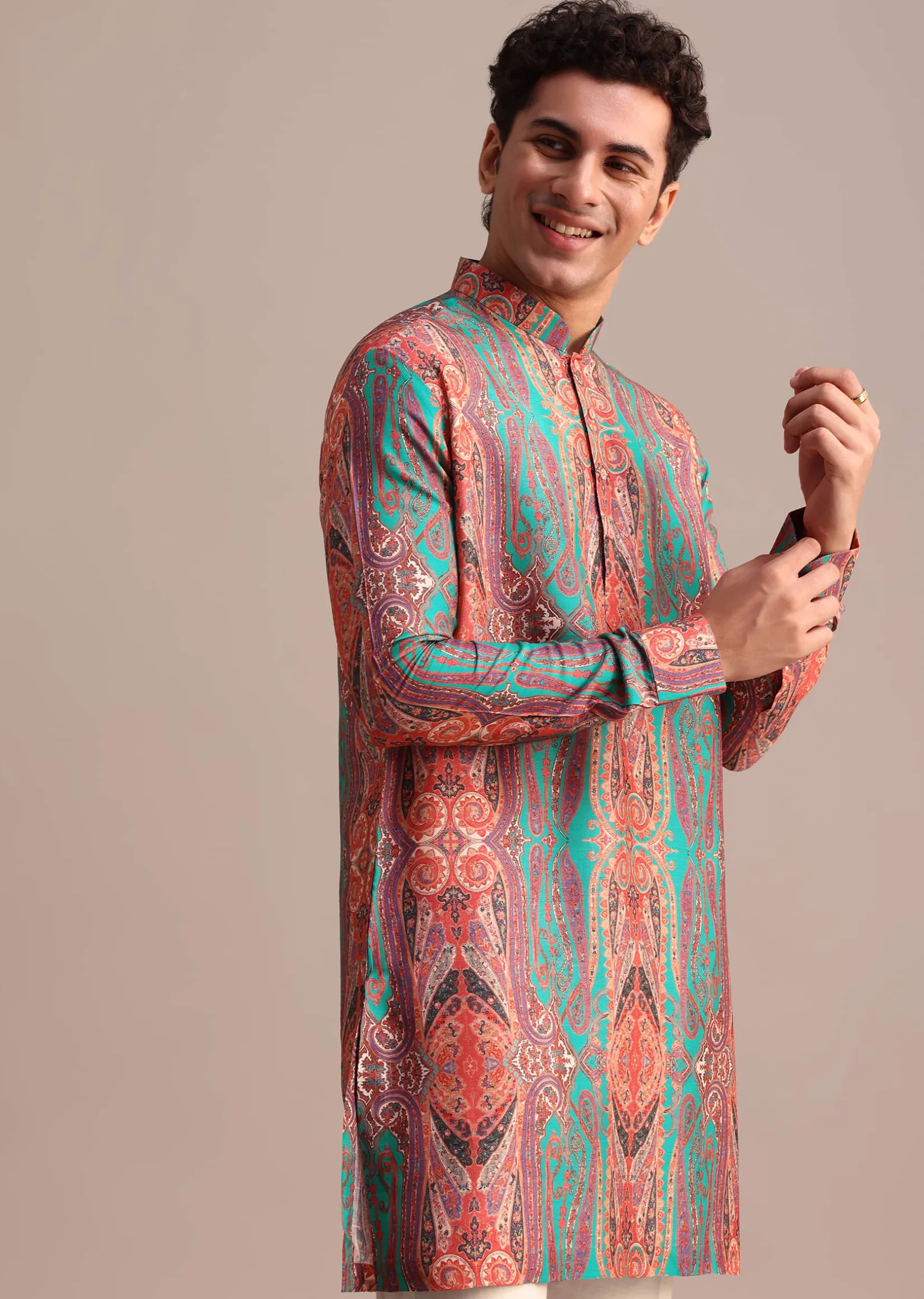 Green Printed Kurta For Men