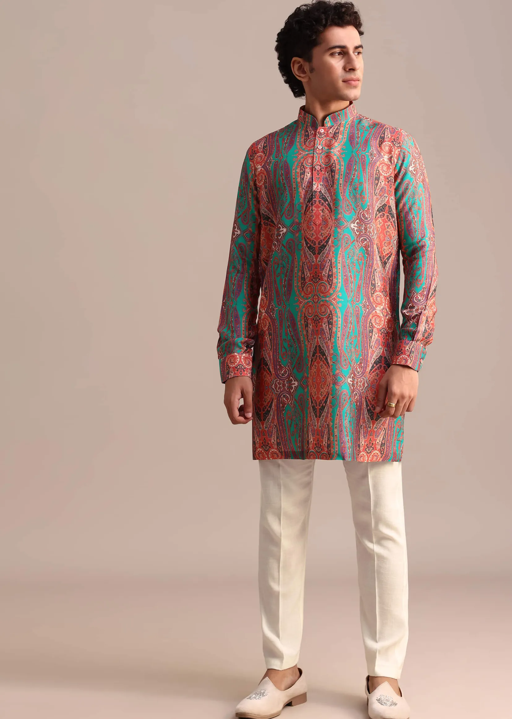Green Printed Kurta For Men