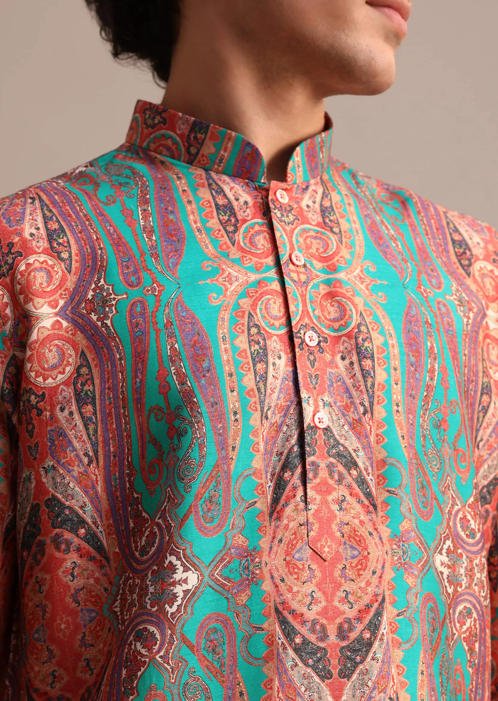 Green Printed Kurta For Men