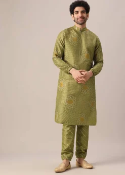 Green Printed Kurta Set In Brocade
