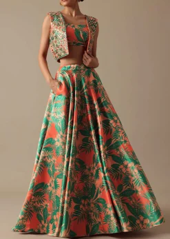 Green Printed Lehenga Set With Mirror Embellished Jacket