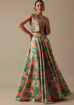 Green Printed Lehenga Set With Mirror Embellished Jacket
