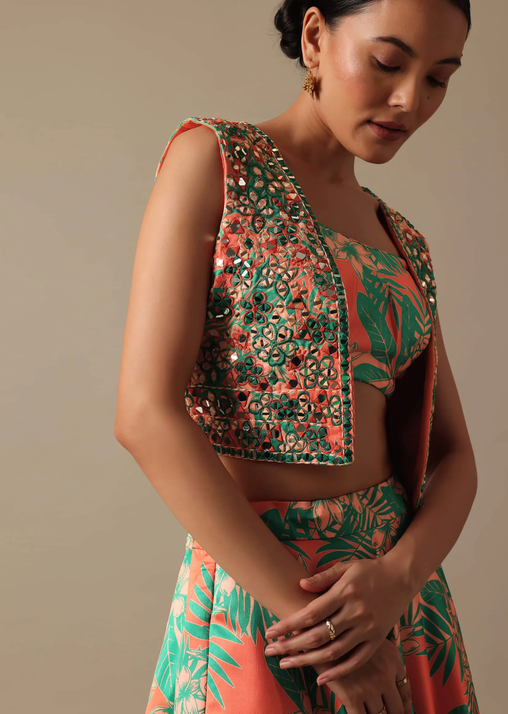 Green Printed Lehenga Set With Mirror Embellished Jacket