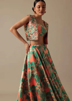 Green Printed Lehenga Set With Mirror Embellished Jacket