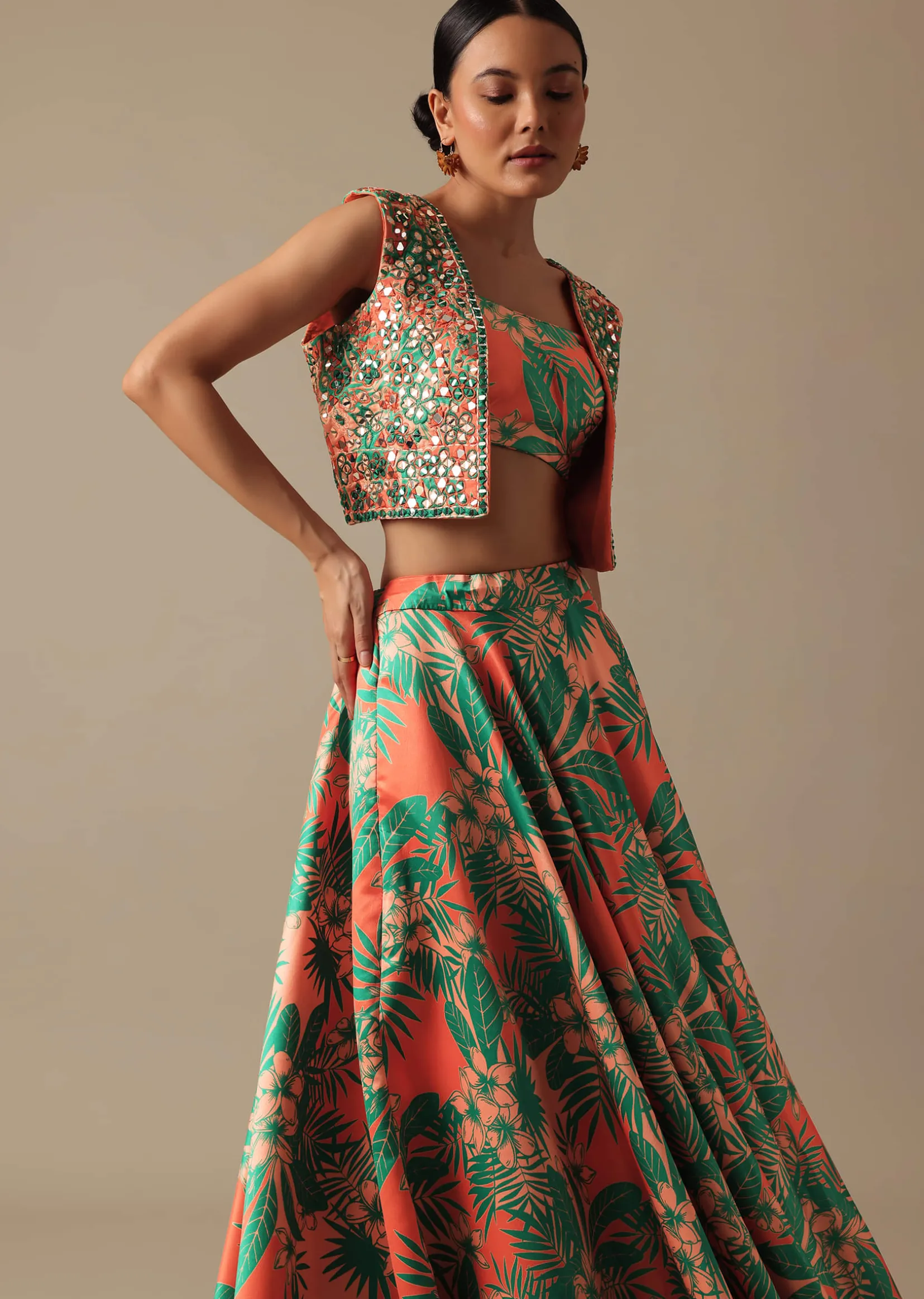 Green Printed Lehenga Set With Mirror Embellished Jacket