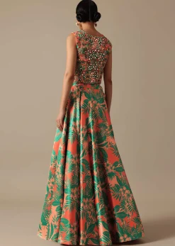 Green Printed Lehenga Set With Mirror Embellished Jacket