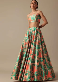 Green Printed Lehenga Set With Mirror Embellished Jacket