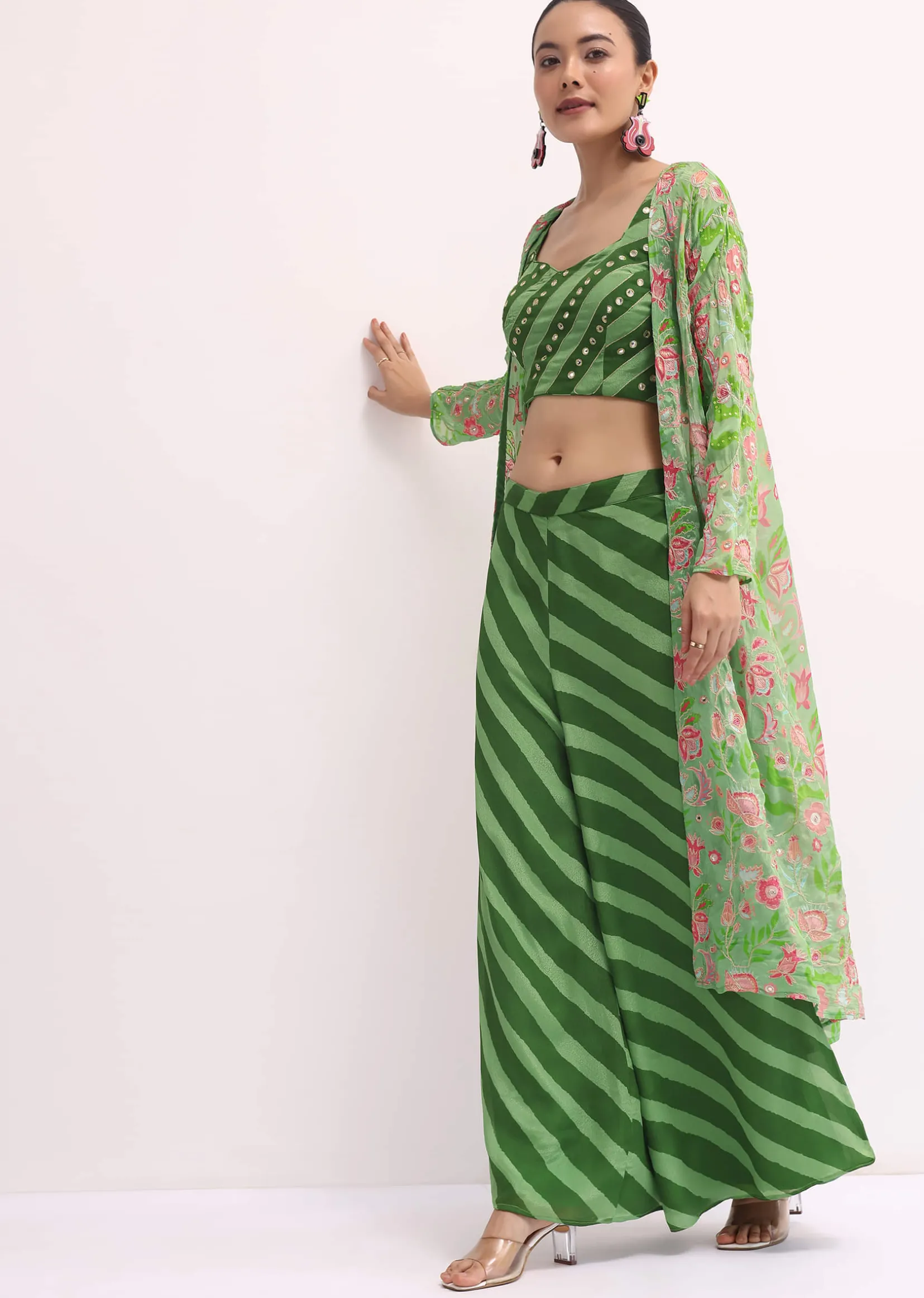 Green Printed Palazzo Set With Jacket