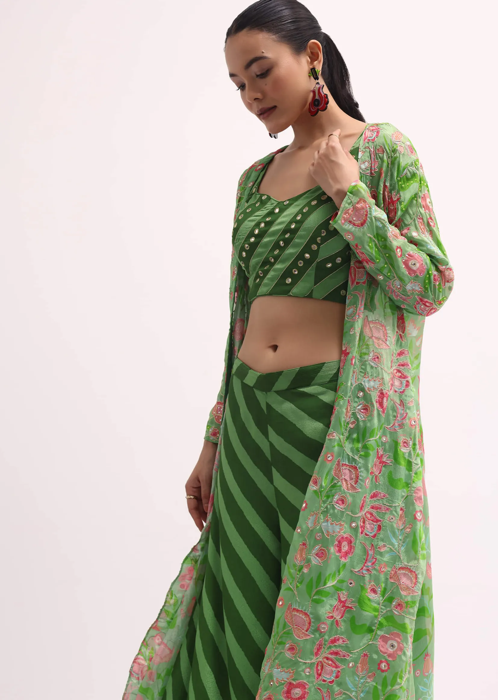 Green Printed Palazzo Set With Jacket