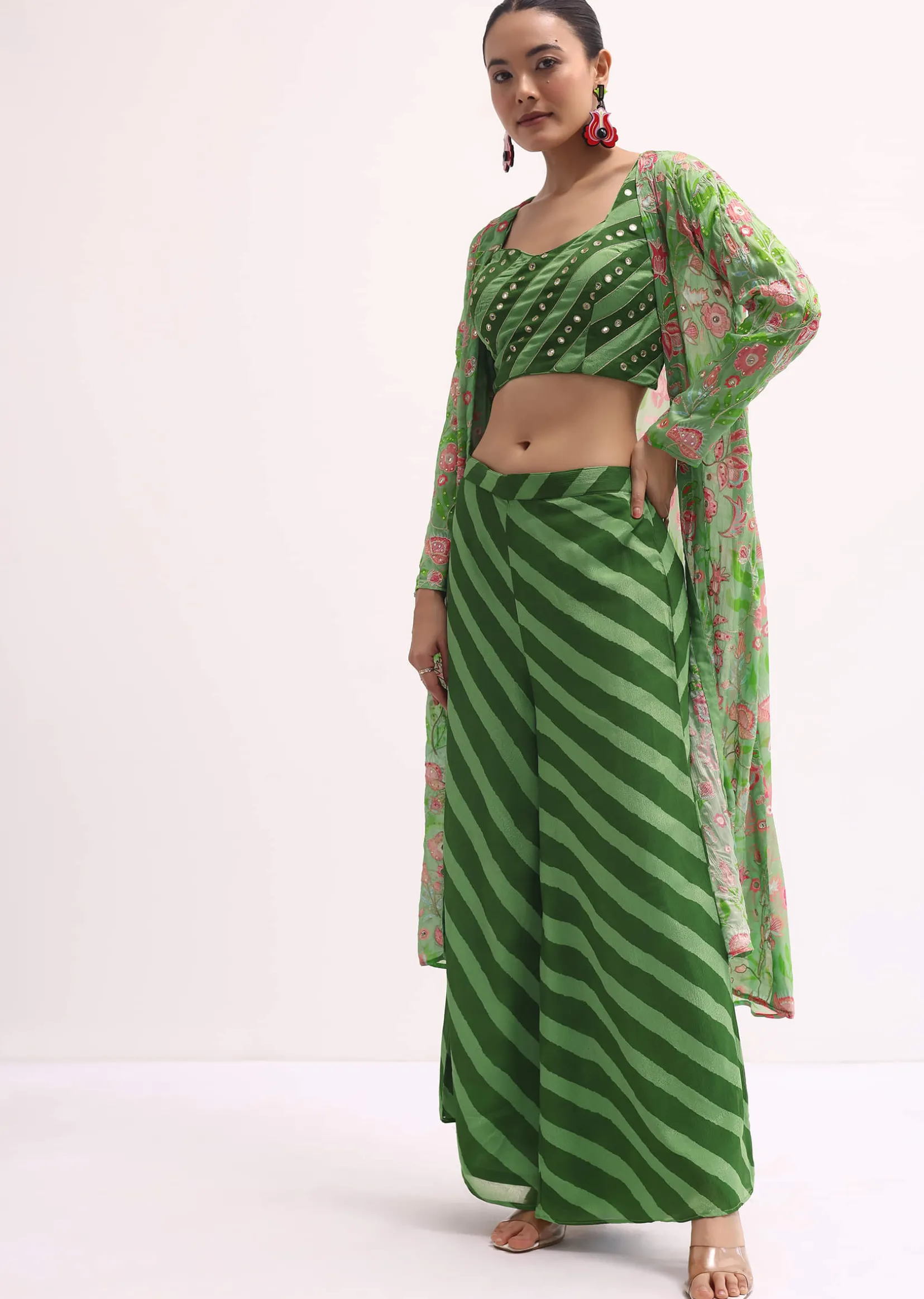 Green Printed Palazzo Set With Jacket
