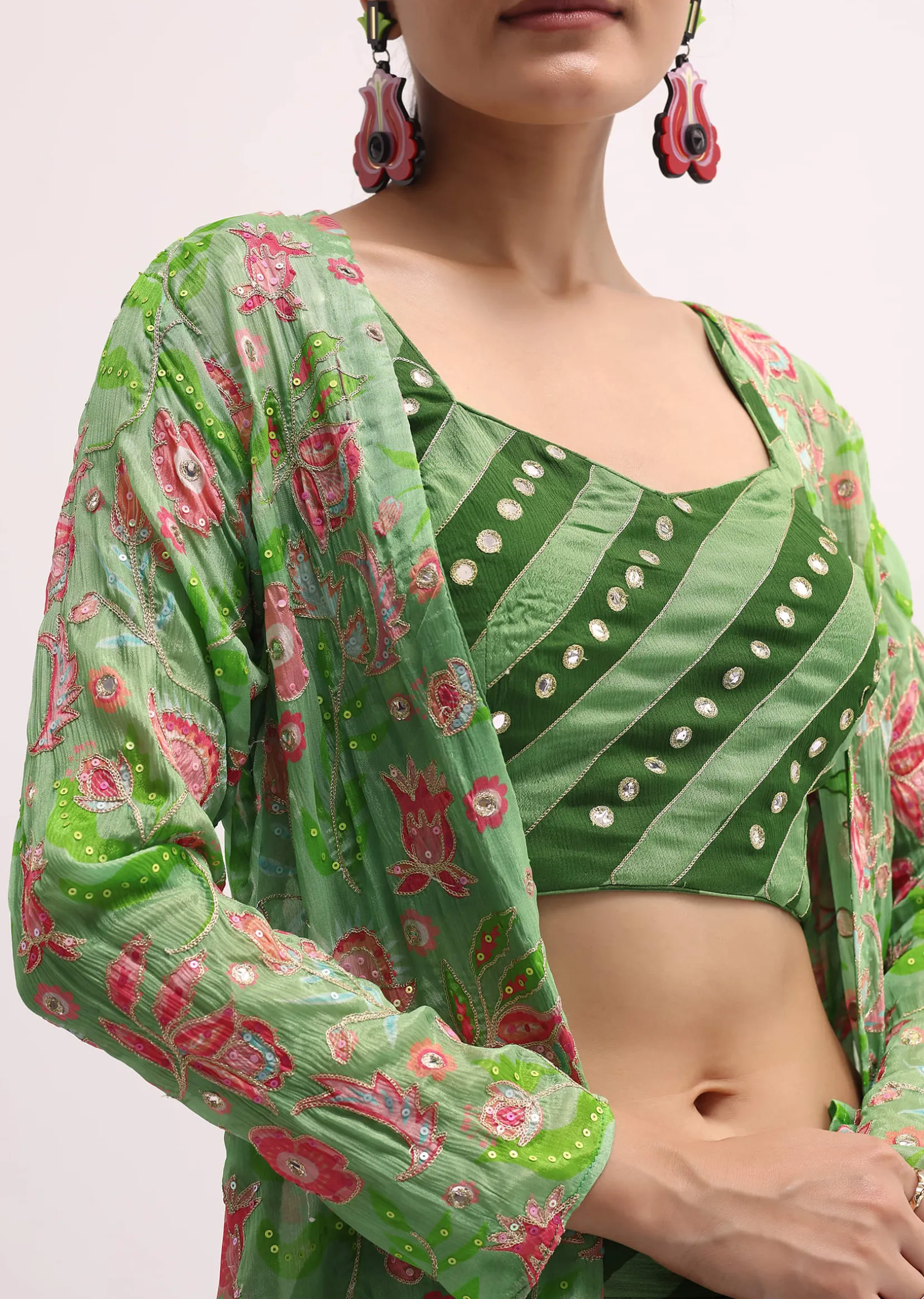 Green Printed Palazzo Set With Jacket