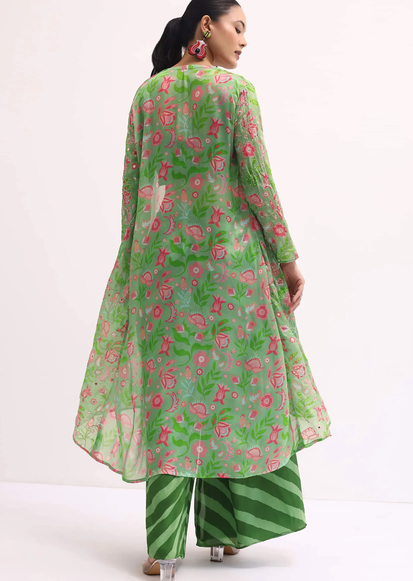 Green Printed Palazzo Set With Jacket
