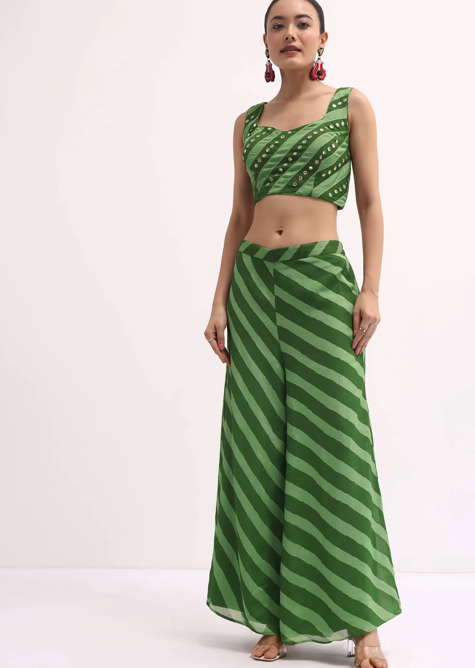 Green Printed Palazzo Set With Jacket