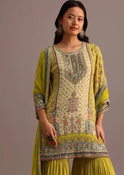 Green Printed Sharara Set With Chiffon Dupatta