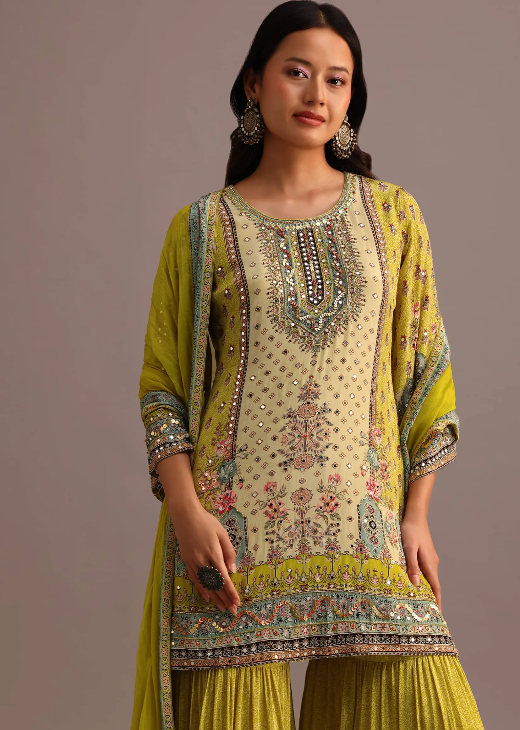 Green Printed Sharara Set With Chiffon Dupatta