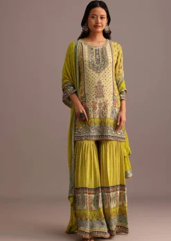 Green Printed Sharara Set With Chiffon Dupatta