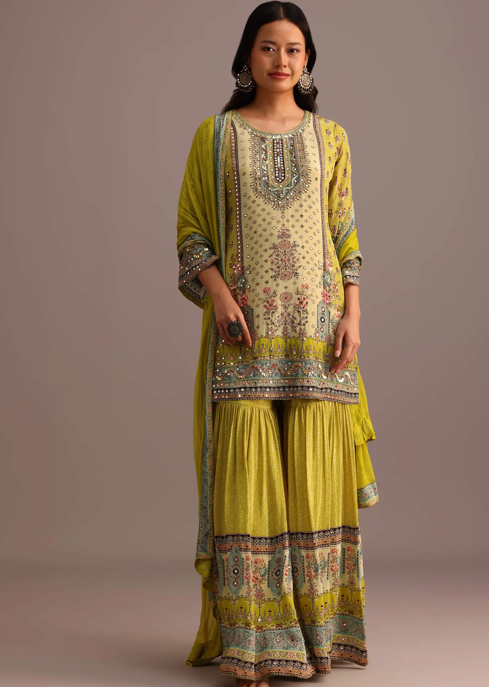 Green Printed Sharara Set With Chiffon Dupatta