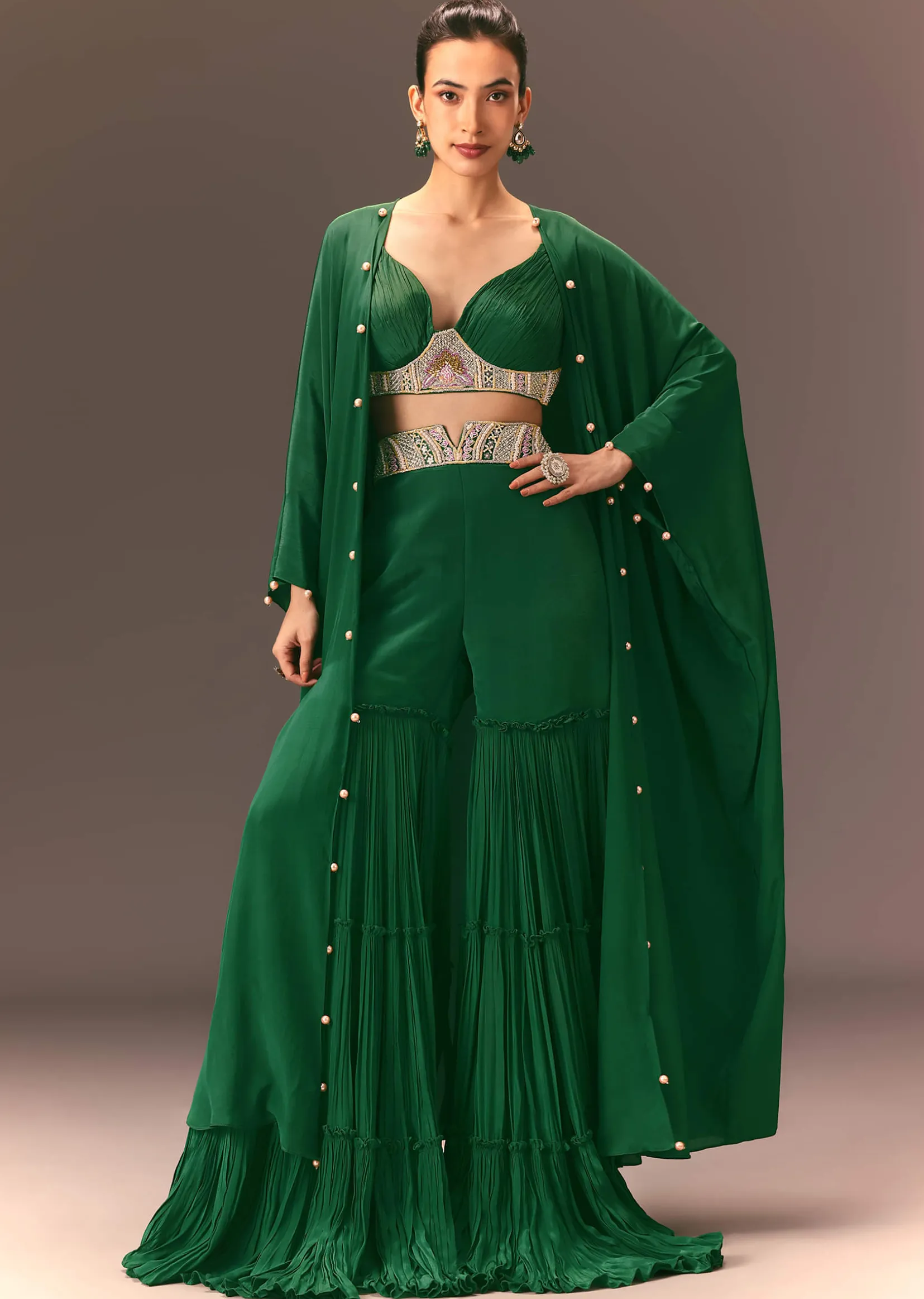 Green Ruched Blouse With Frill Palazzo And Cape