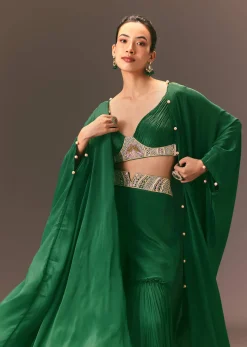Green Ruched Blouse With Frill Palazzo And Cape