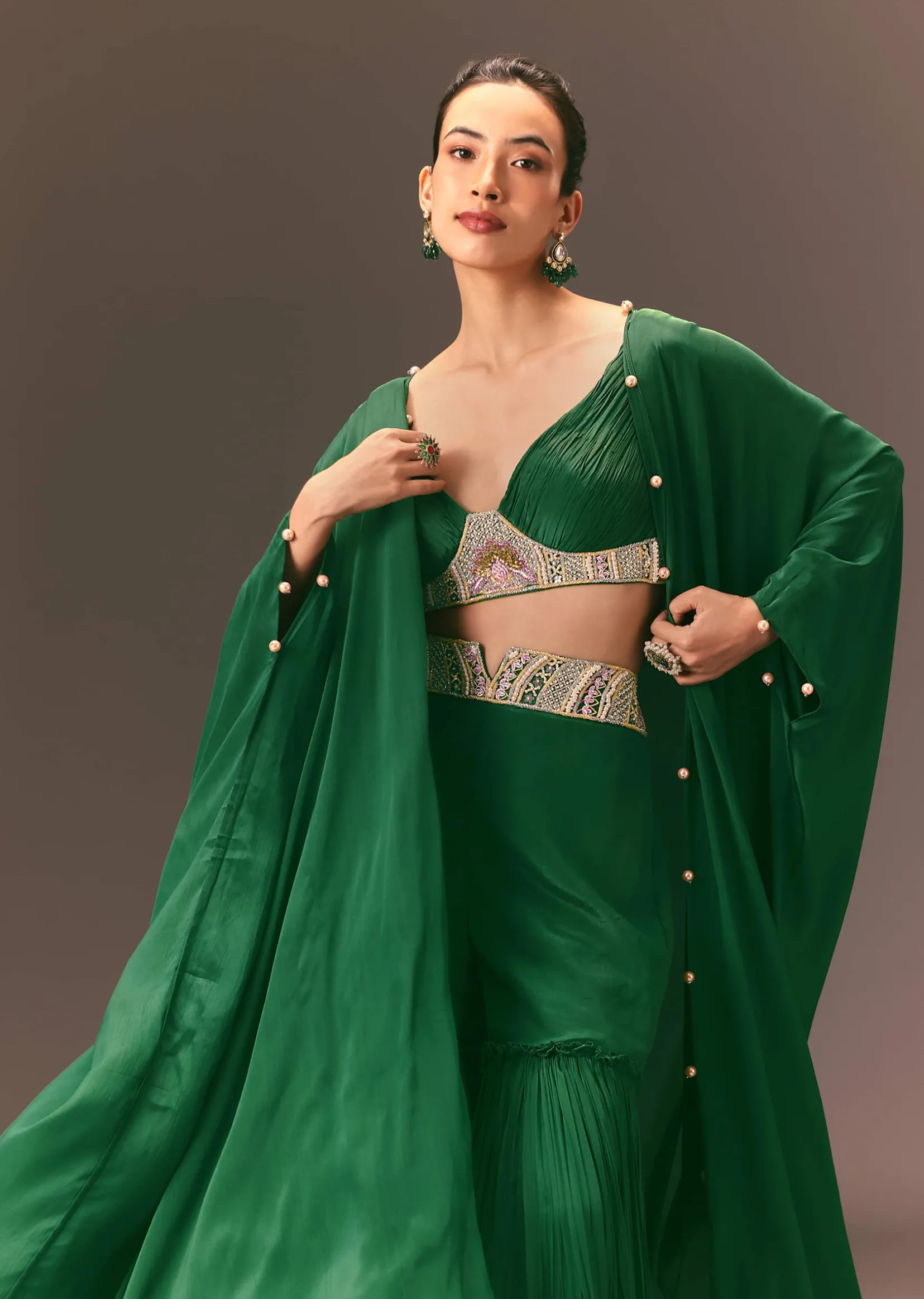 Green Ruched Blouse With Frill Palazzo And Cape