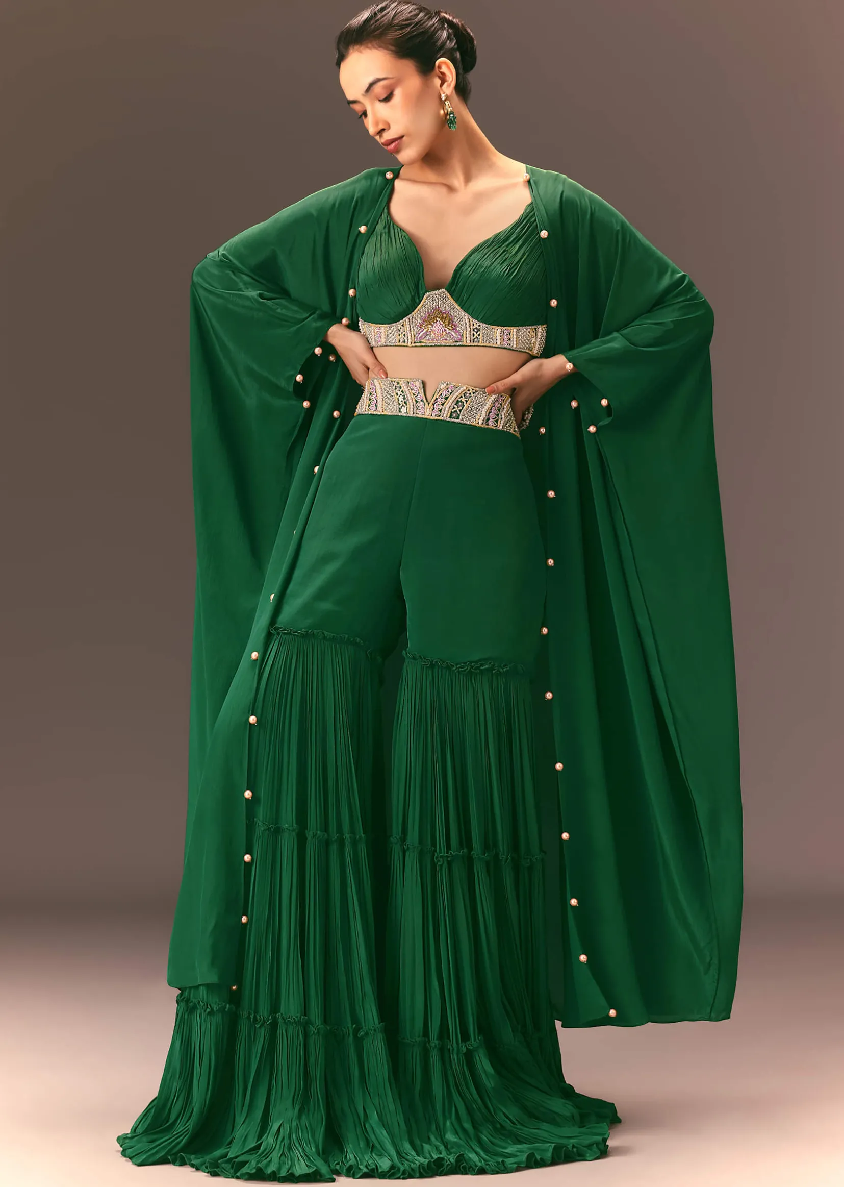 Green Ruched Blouse With Frill Palazzo And Cape