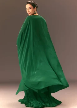 Green Ruched Blouse With Frill Palazzo And Cape