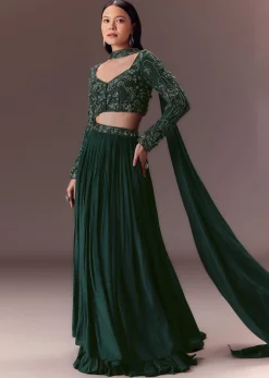 Green Ruched Frill Lehenga Set With Choker Dupatta