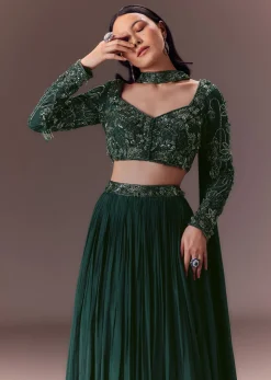 Green Ruched Frill Lehenga Set With Choker Dupatta