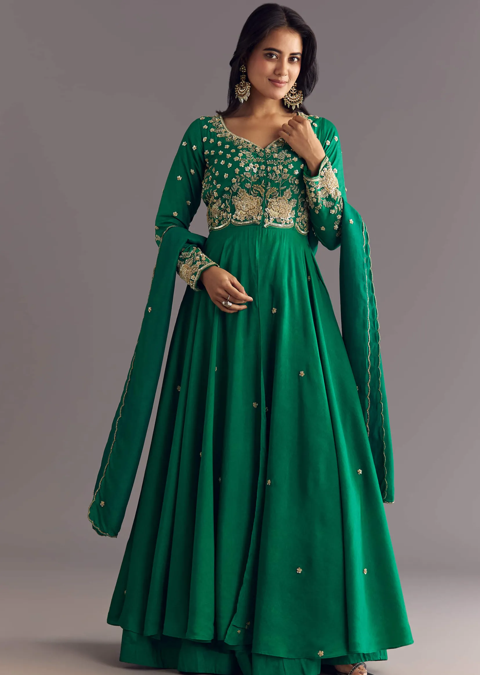 Green Russian Silk Front Slit Kurta Dupatta Set With Beaded Embroidery