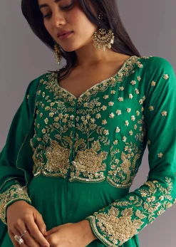 Green Russian Silk Front Slit Kurta Dupatta Set With Beaded Embroidery